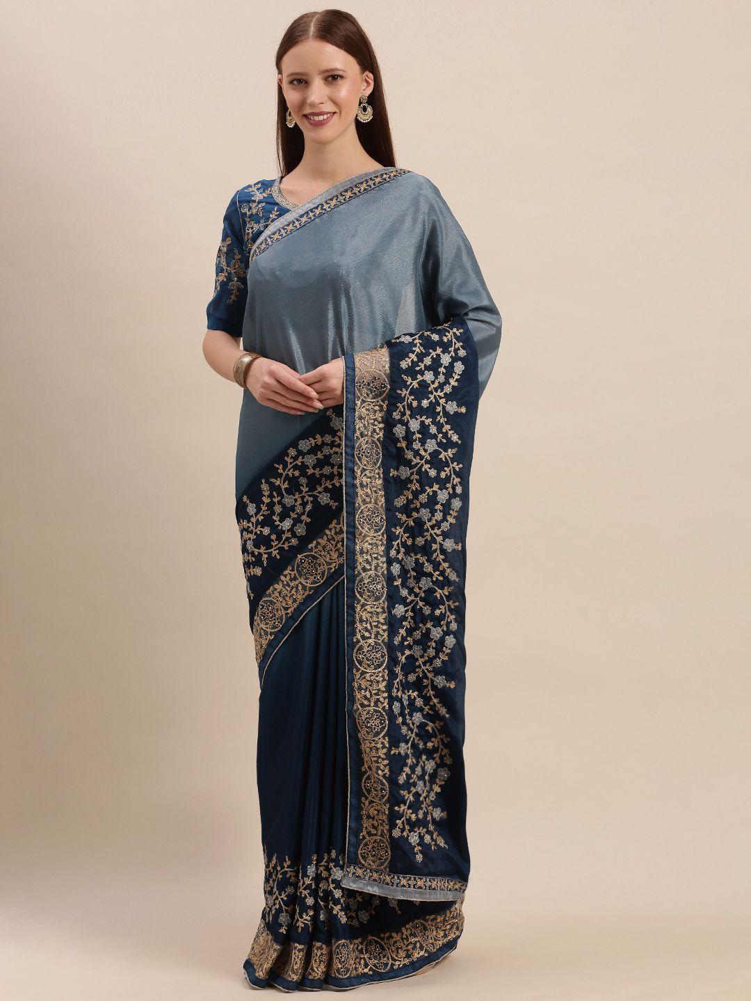 mitera blue solid ombre embroidered silk blend saree