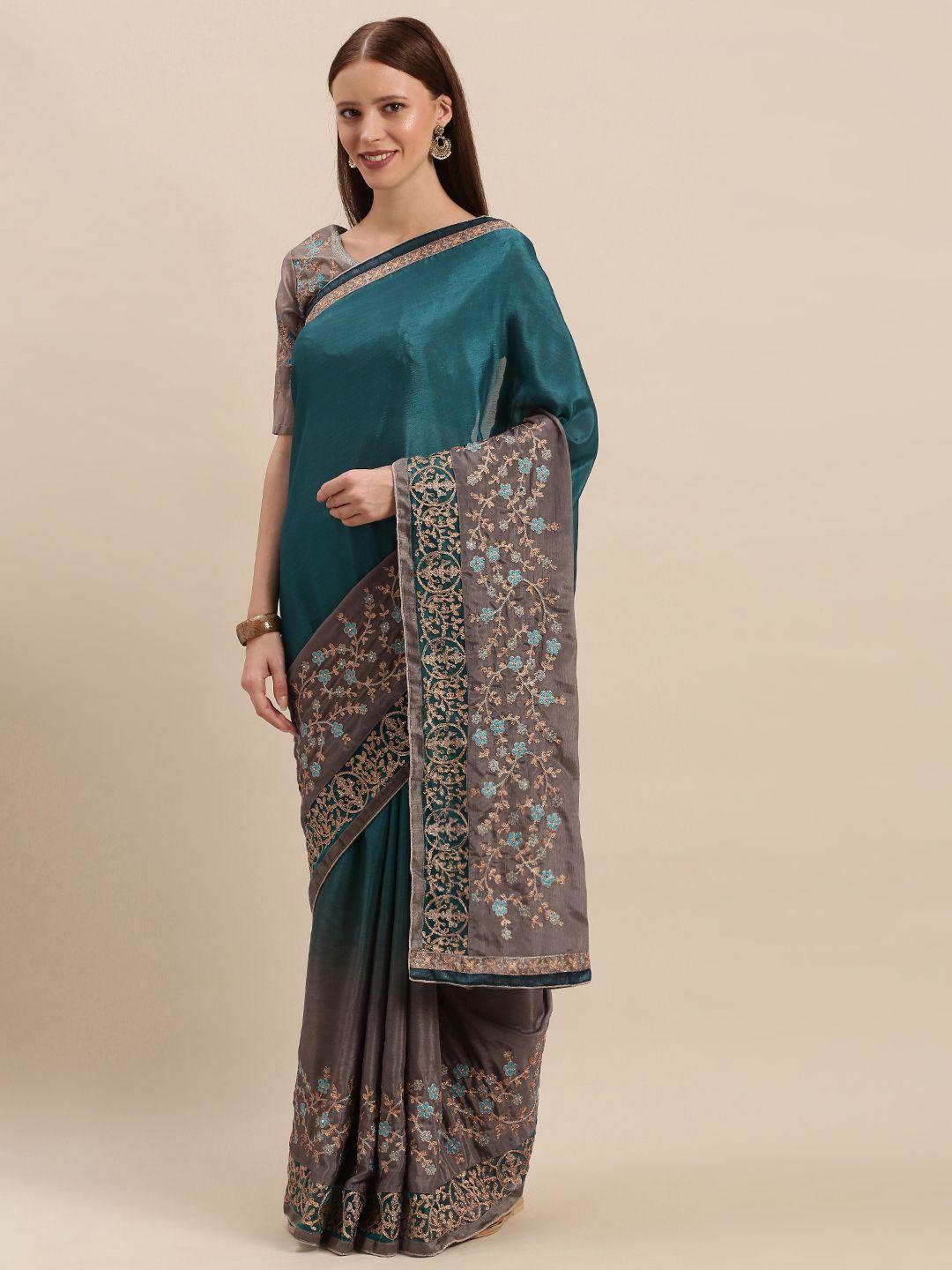 mitera teal blue & grey ombre embroidered silk blend saree