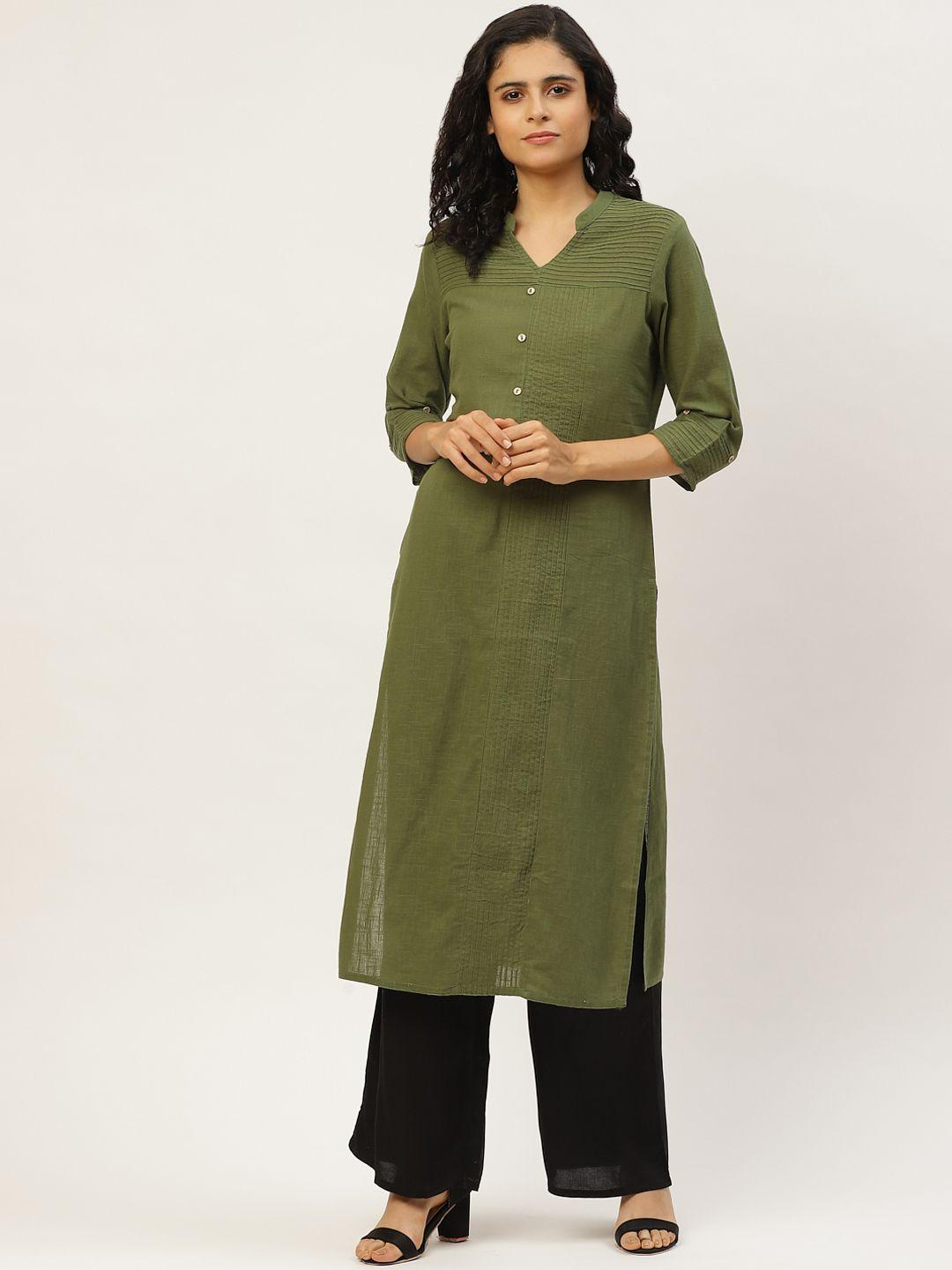 jaipur kurti women olive green & black solid kurta with palazzos