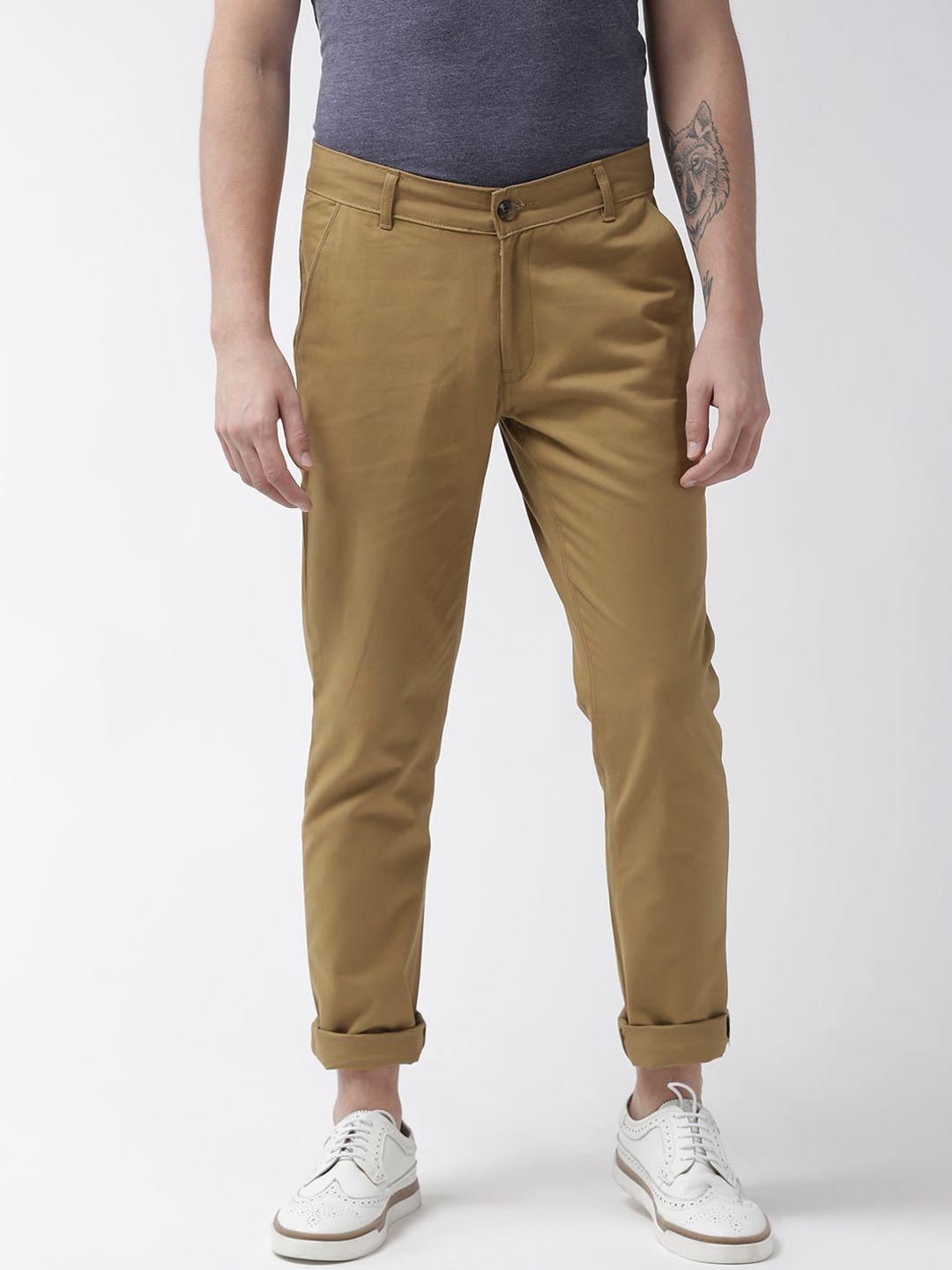 hubberholme men mustard brown slim fit solid regular trousers