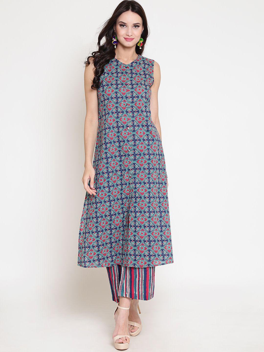 sera women sea green & blue printed kurta with palazzos