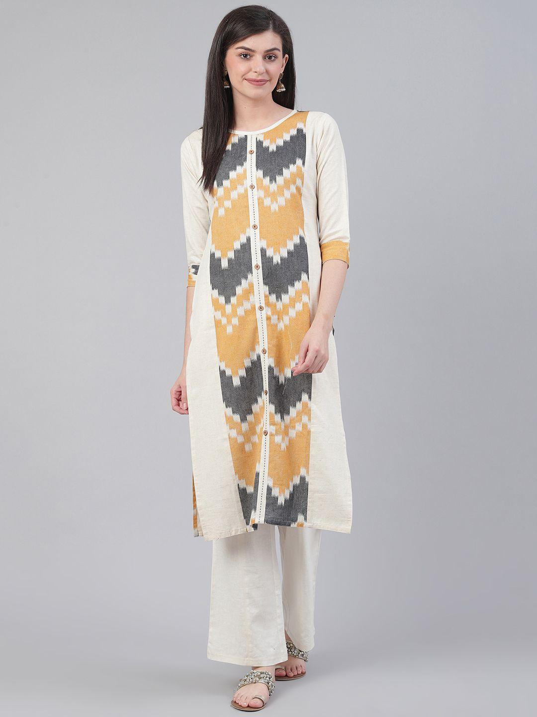 ksut women off-white & mustard yellow ikat print straight kurta