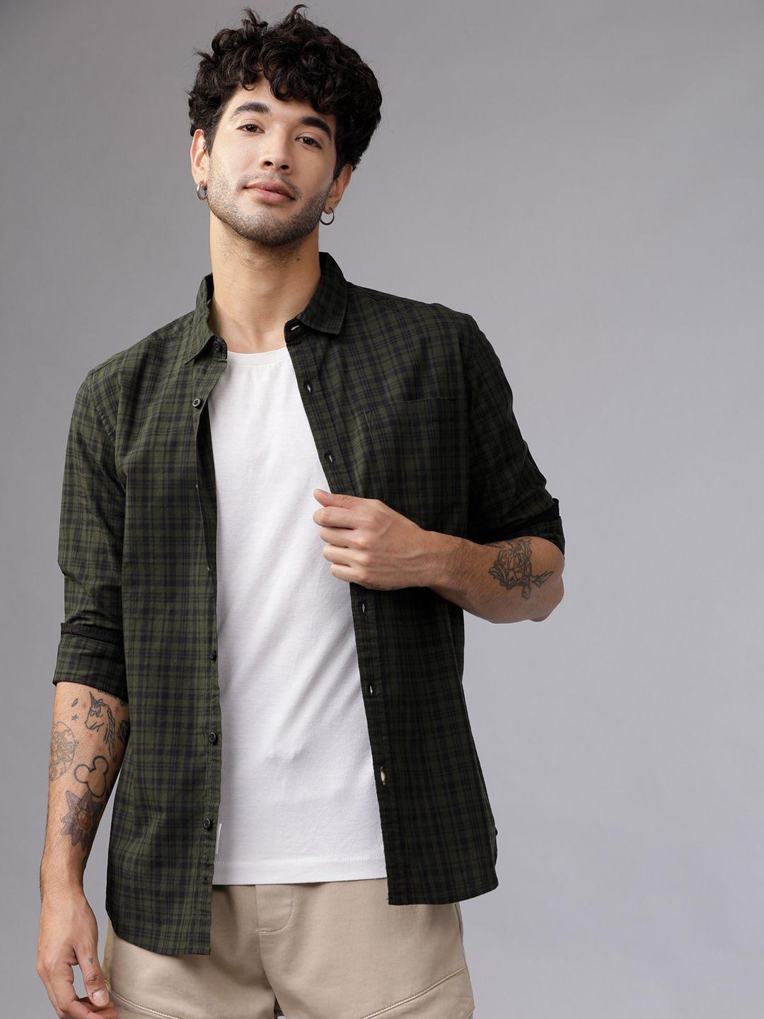 highlander men olive green & black slim fit checked casual shirt