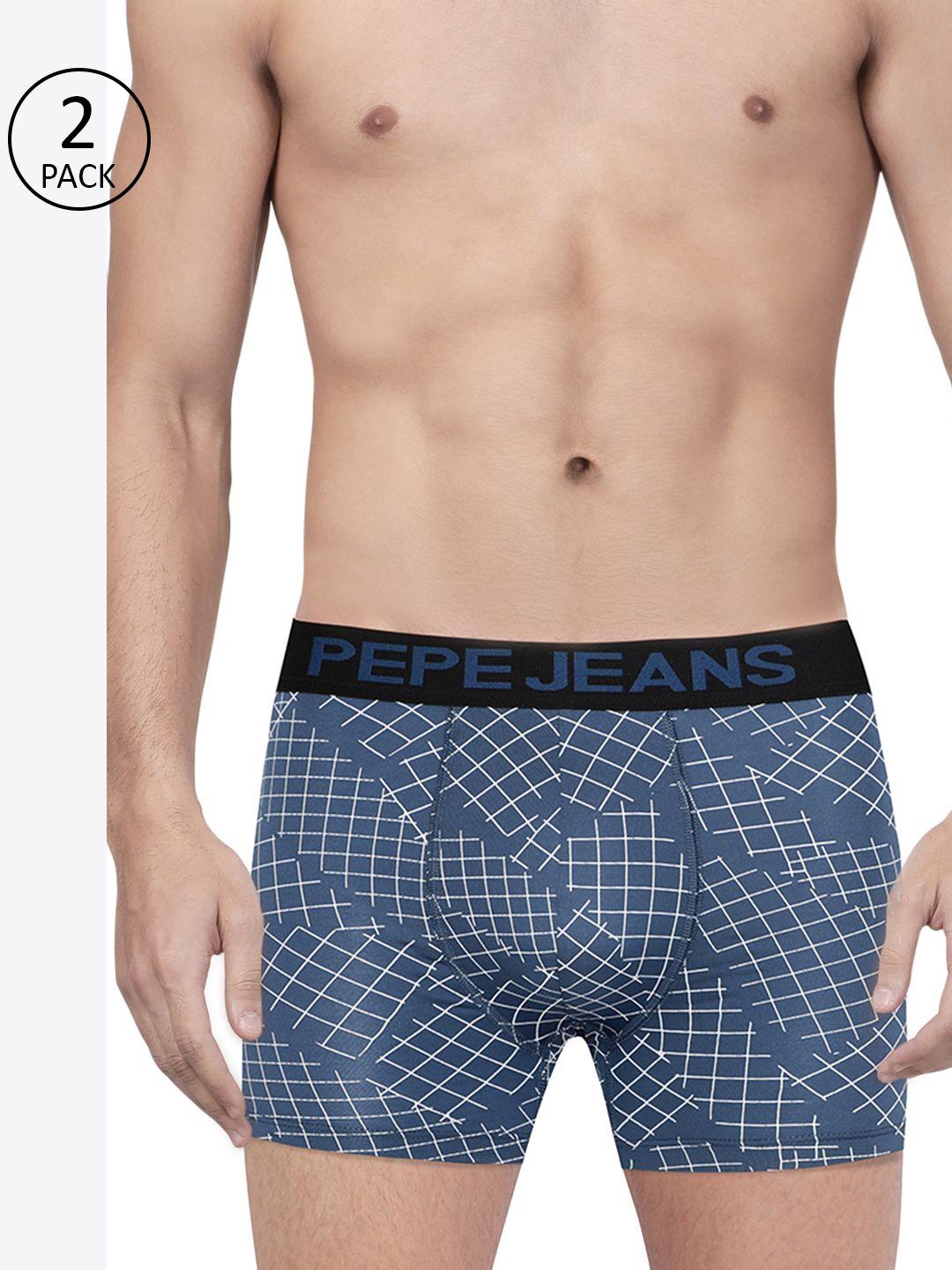 pepe jeans men pack of 2 teal blue & white printed trunks 8937113-2