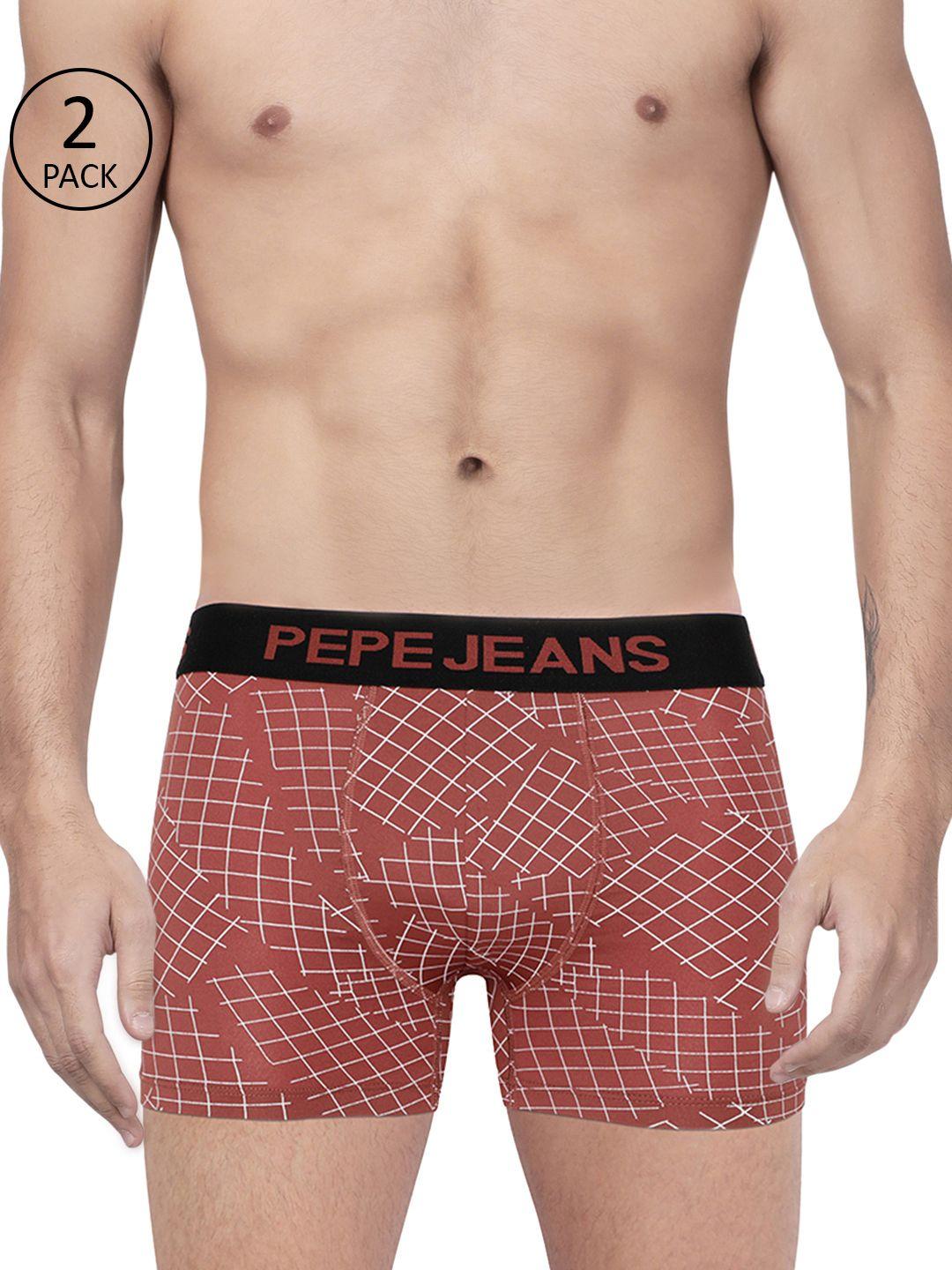 pepe jeans men pack of 2 rust brown & white printed  trunks 8937145-2