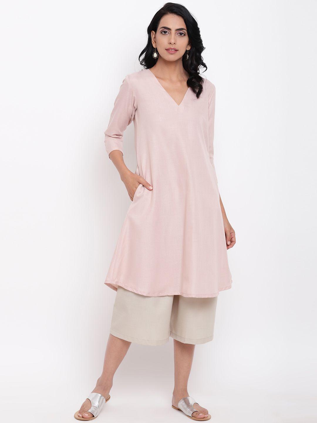 truebrowns women peach & cream solid kurti with palazzos