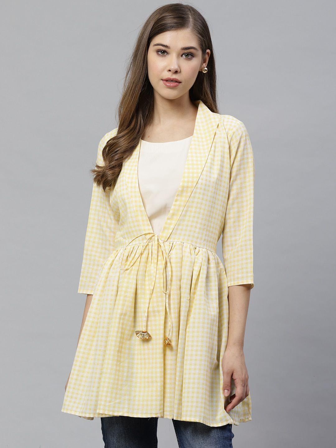 ahalyaa women yellow & white checked waist tie-up tunic