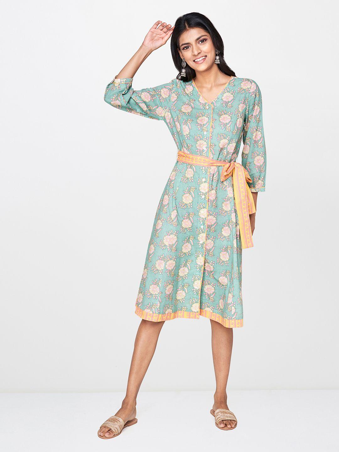 global desi women mint green floral print fit & flare dress