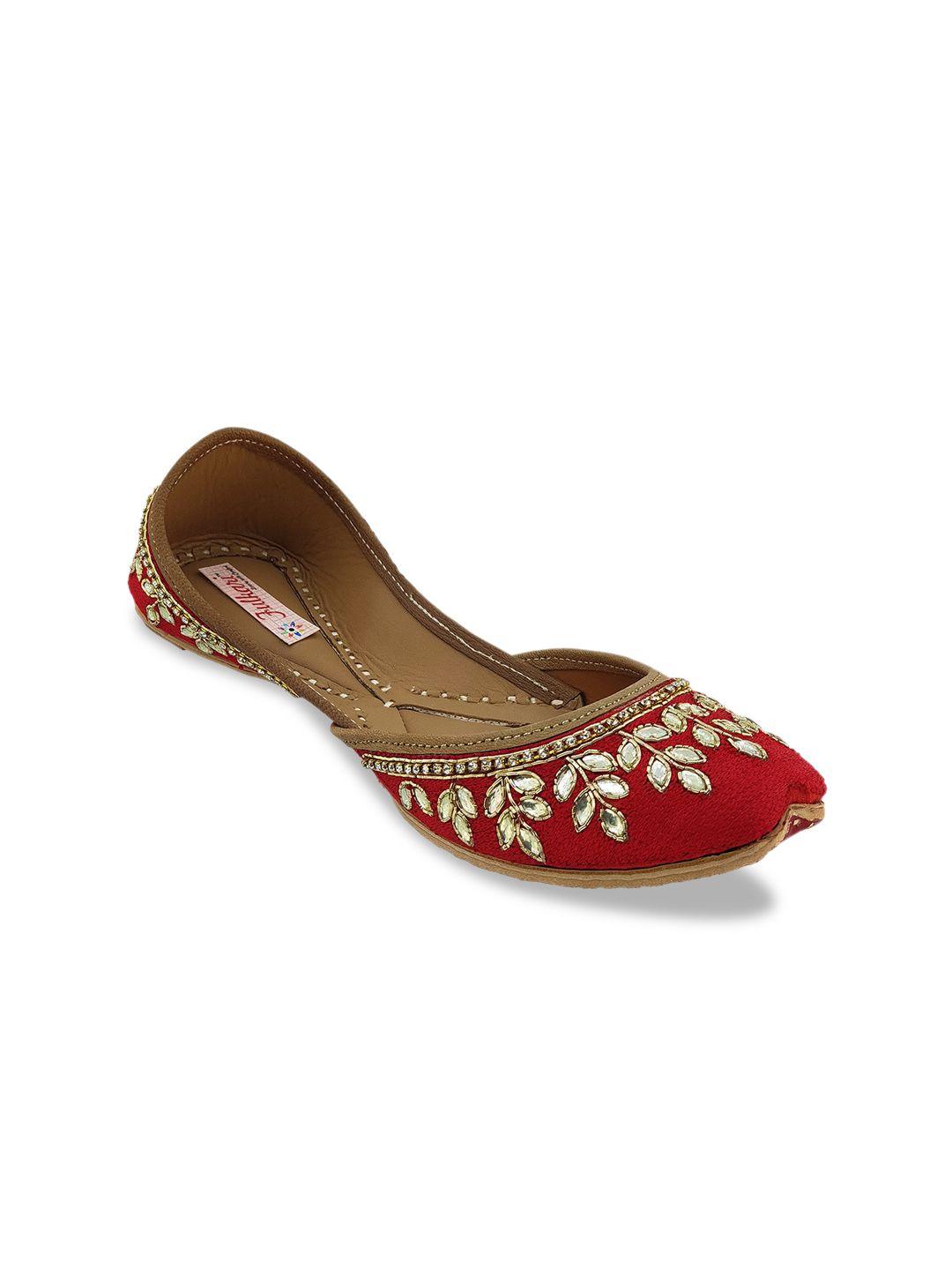 fulkari women red embellished leather mojaris