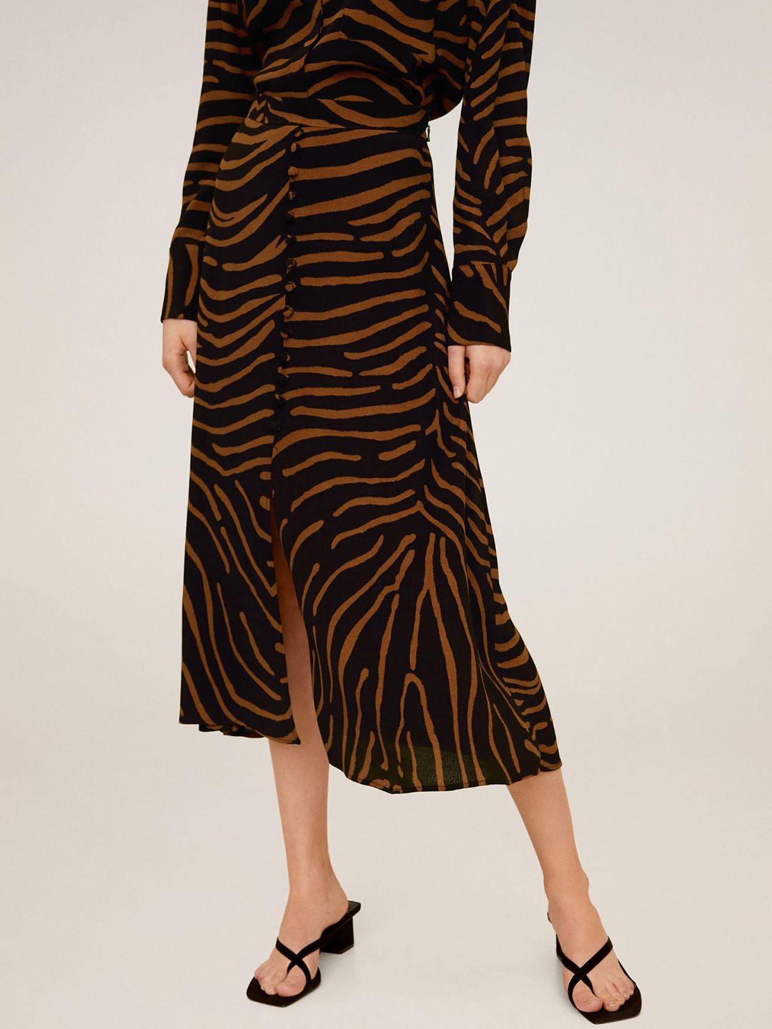 mango women black & brown tiger print a-line skirt