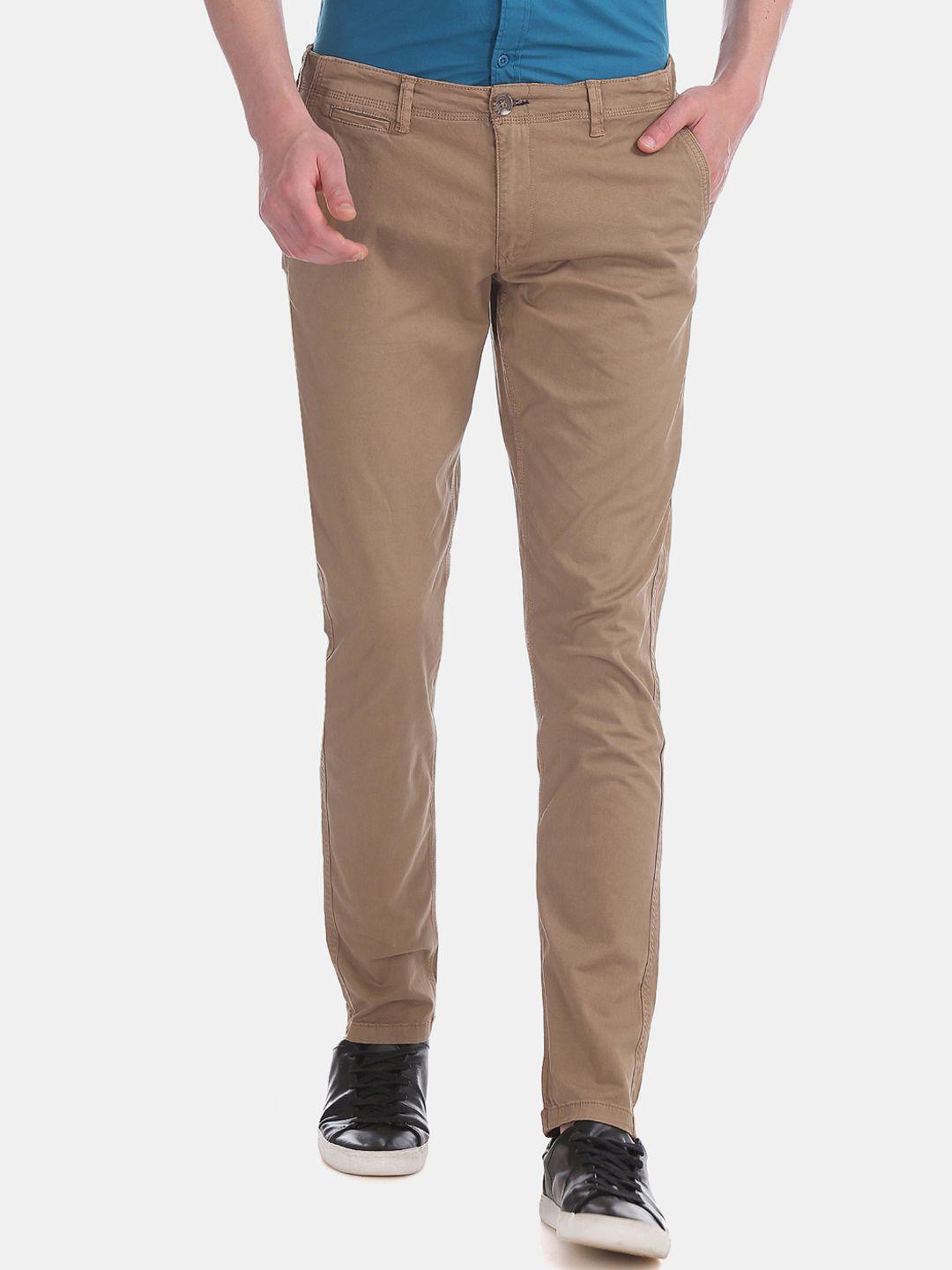 cherokee men brown slim fit solid regular trousers