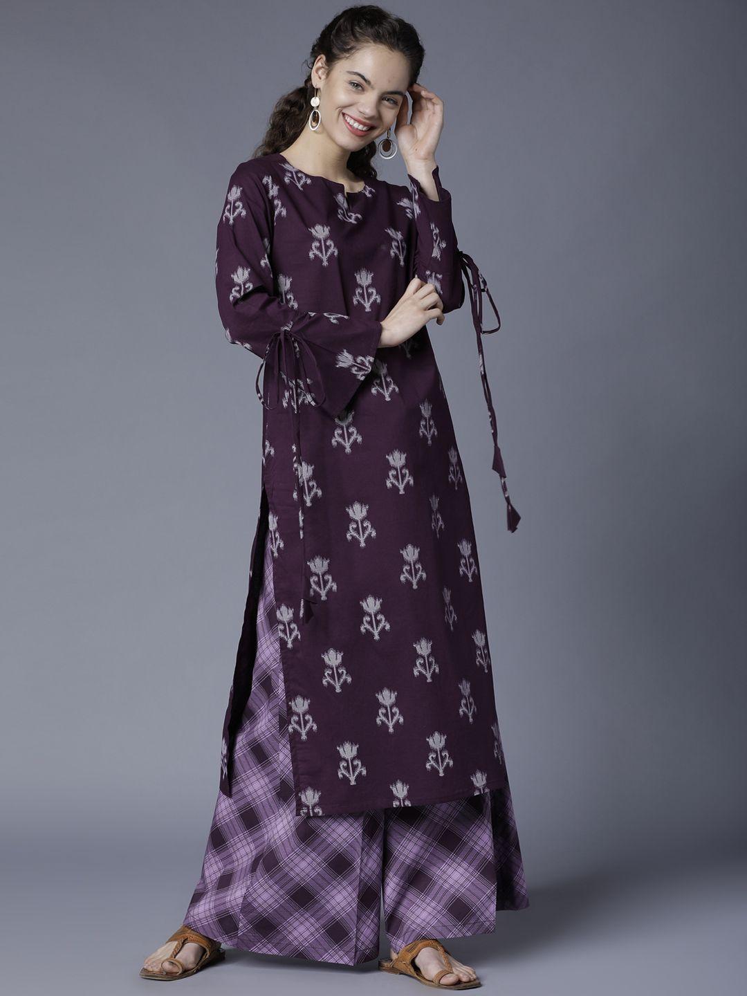 vishudh women purple & grey printed kurta with checked palazzos