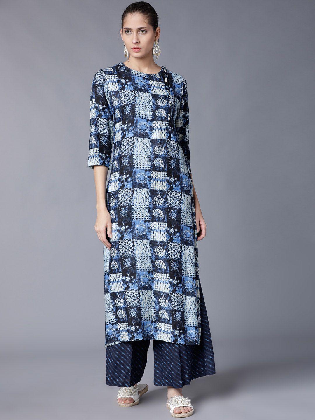 vishudh women blue printed regular kurta with palazzos