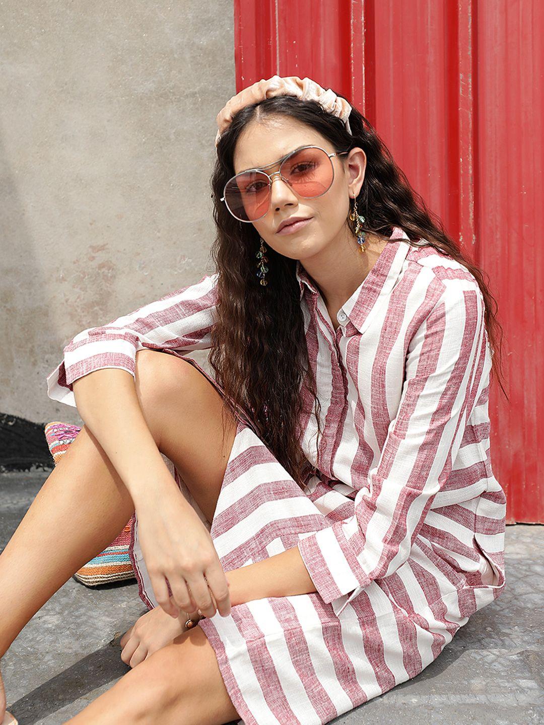 and maroon & white striped shirt dress