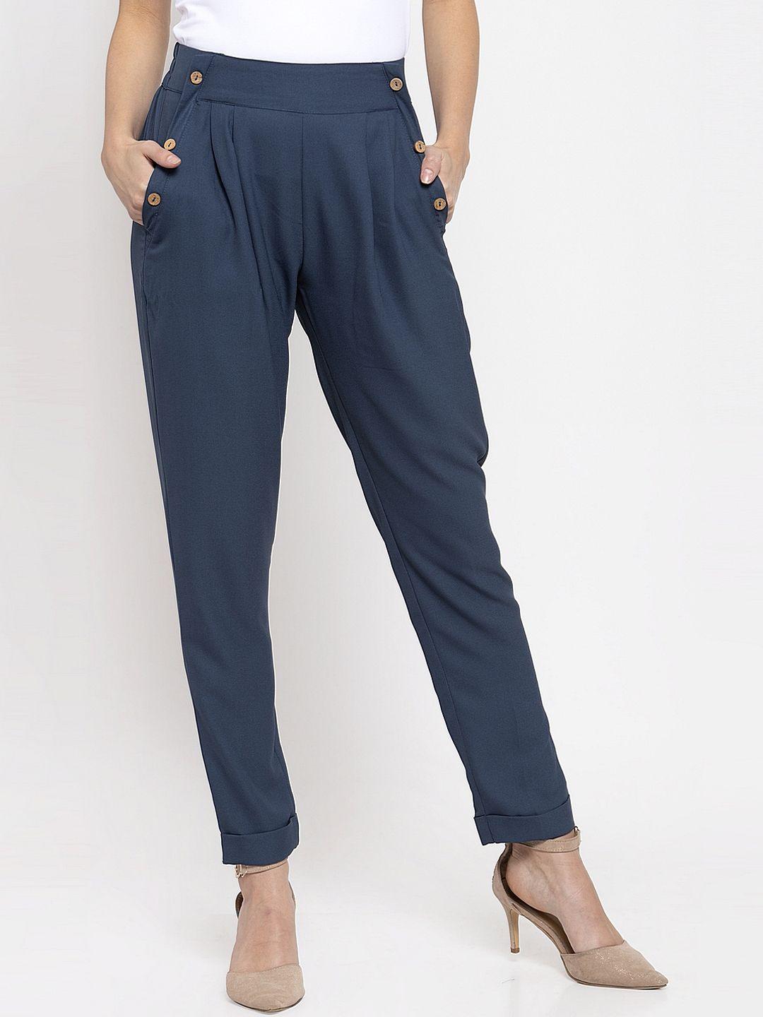 kassually women blue regular fit solid peg trousers