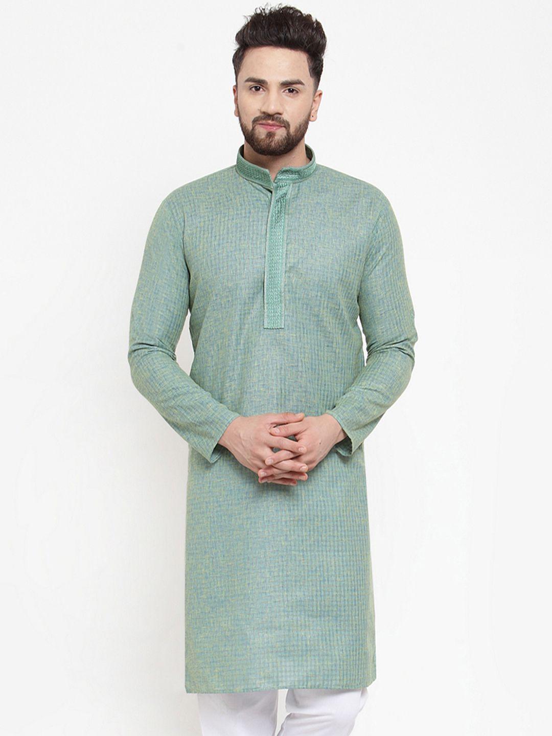 jompers men sea green checked straight embroidered kurta