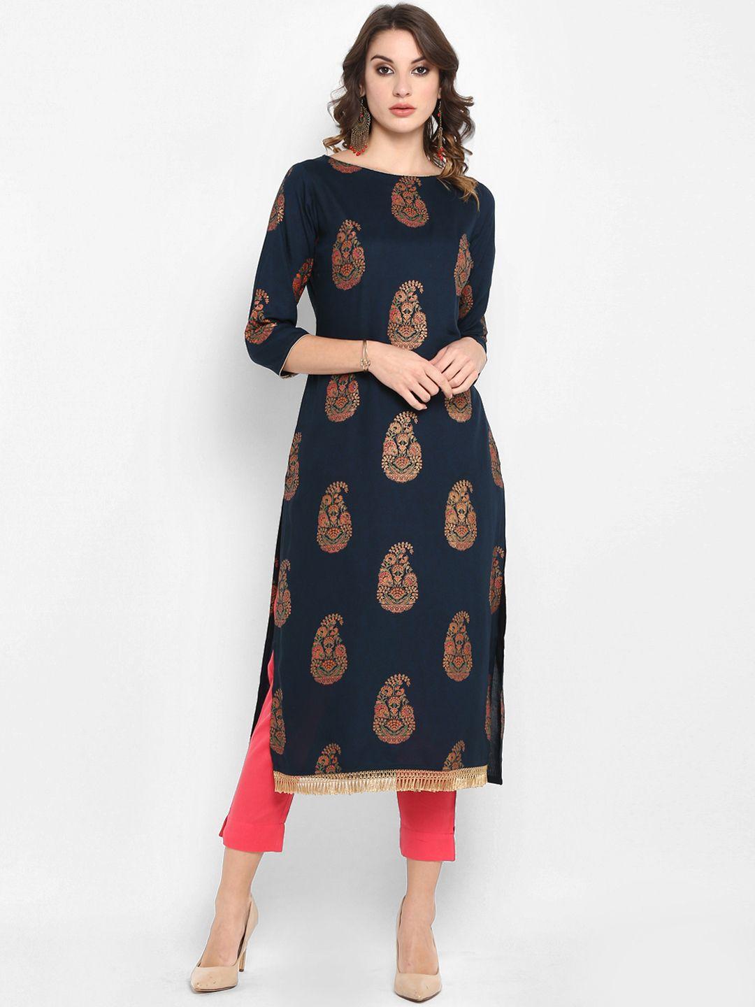 janasya women navy blue & pink printed kurta with trousers