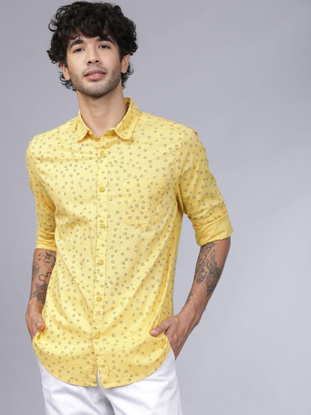 highlander men yellow slim fit printed casual shirt