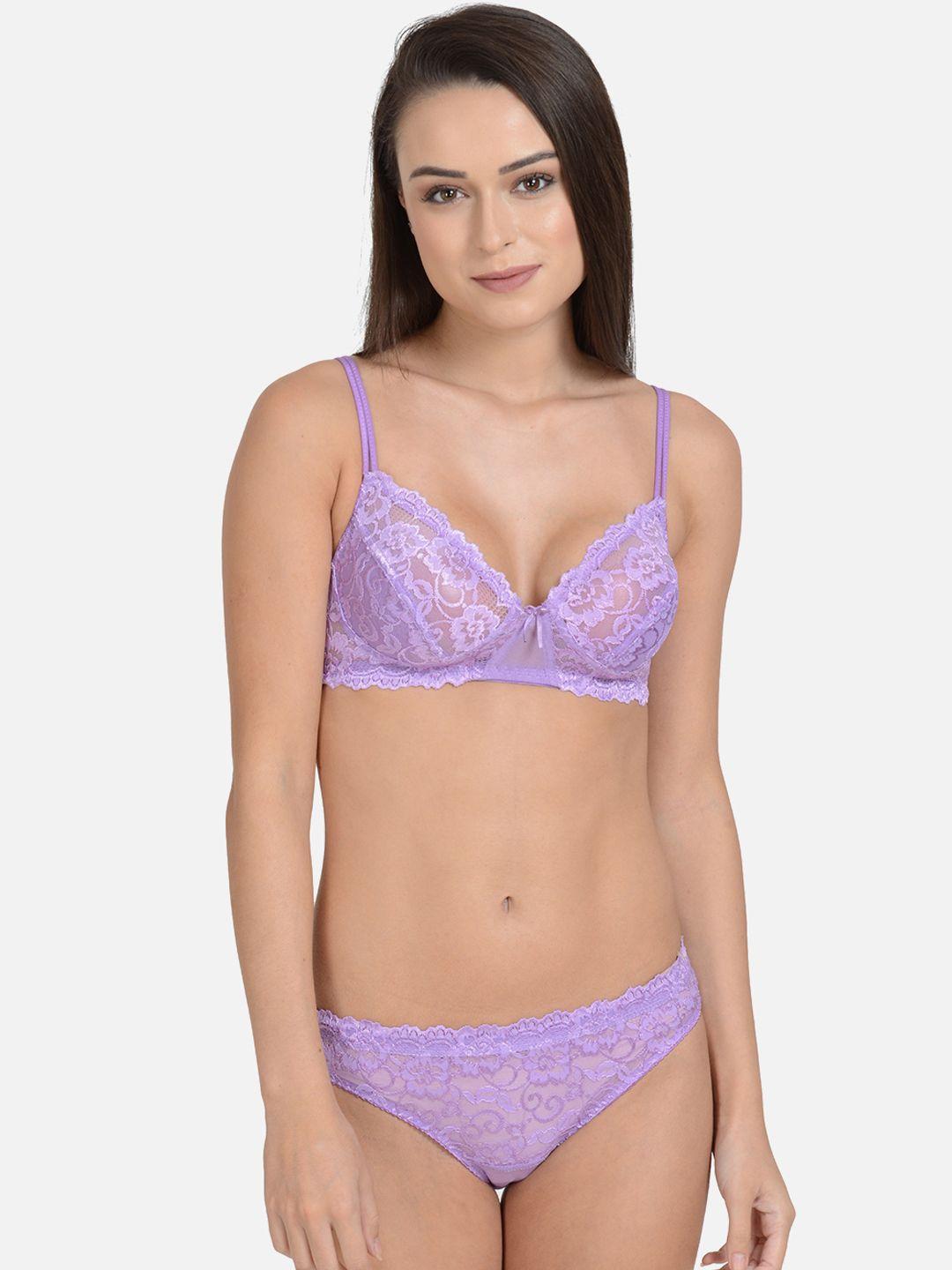 mod & shy women purple self-design lace lingerie set ms224