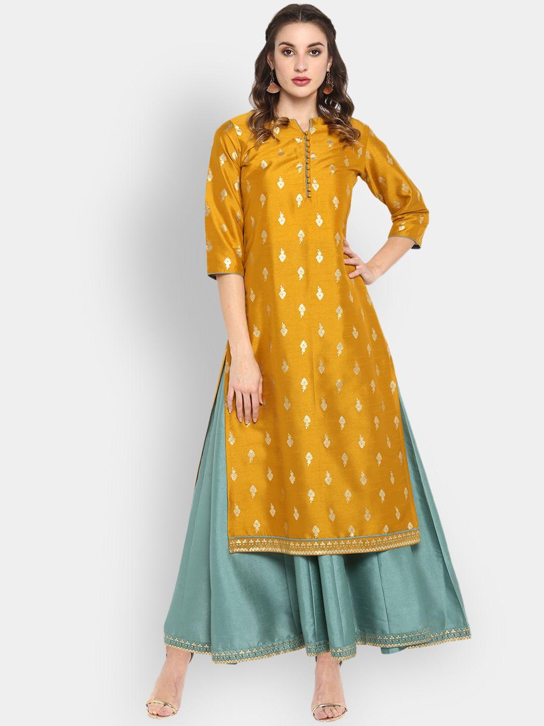 janasya women mustard yellow & green printed fit and flare layered dress