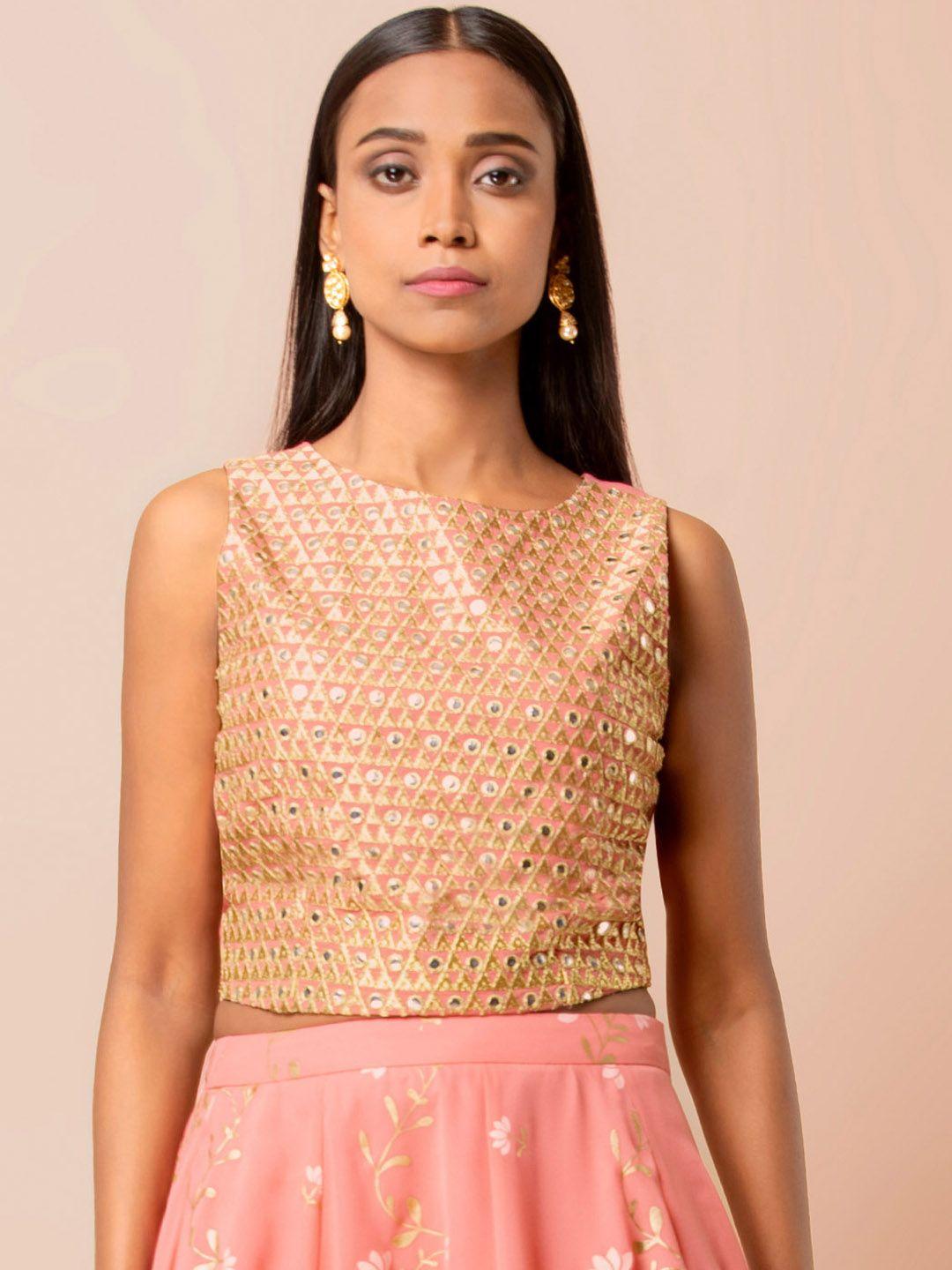 indya women pink & beige mirror work embellished crop top