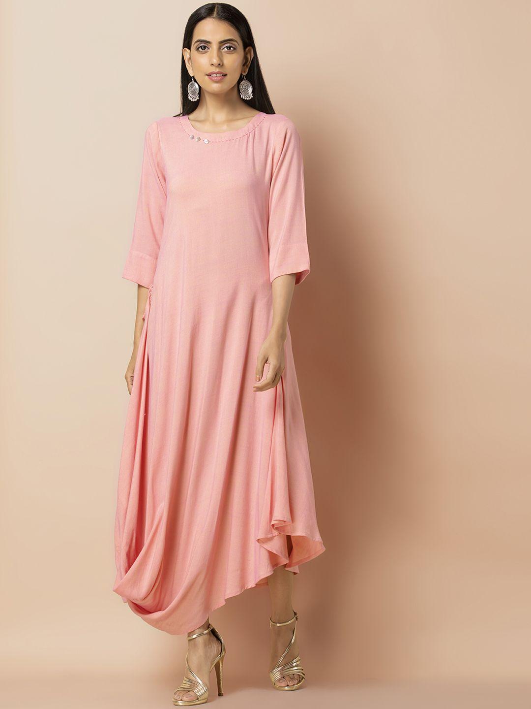 indya women peach-coloured solid a-line dress