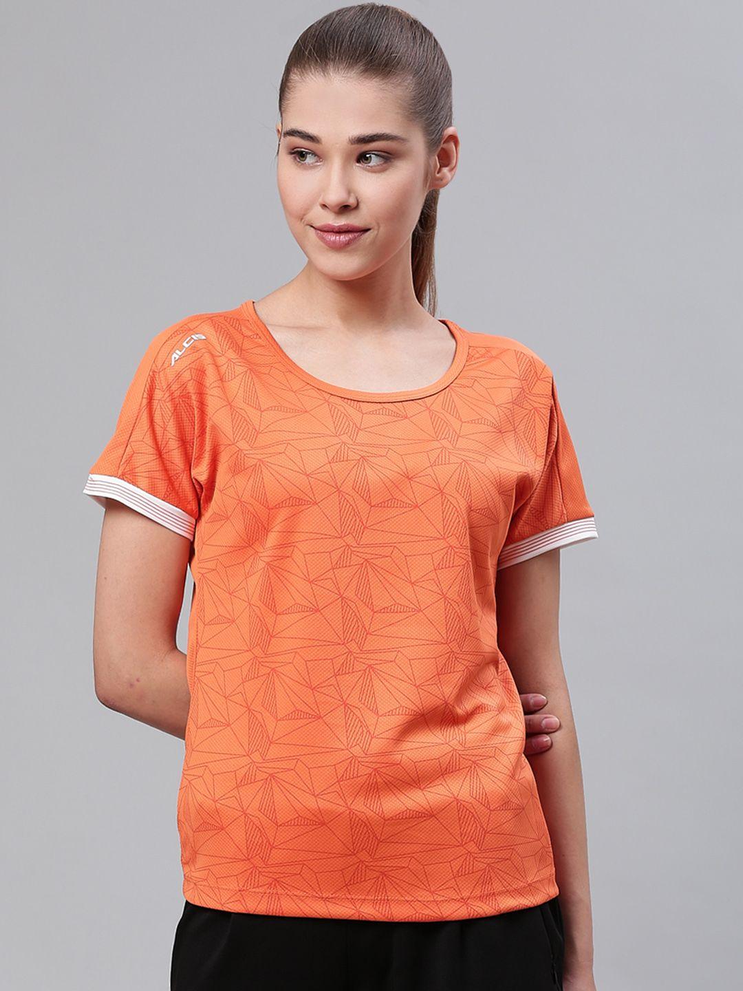 alcis women orange slim fit printed round neck tennis t-shirt