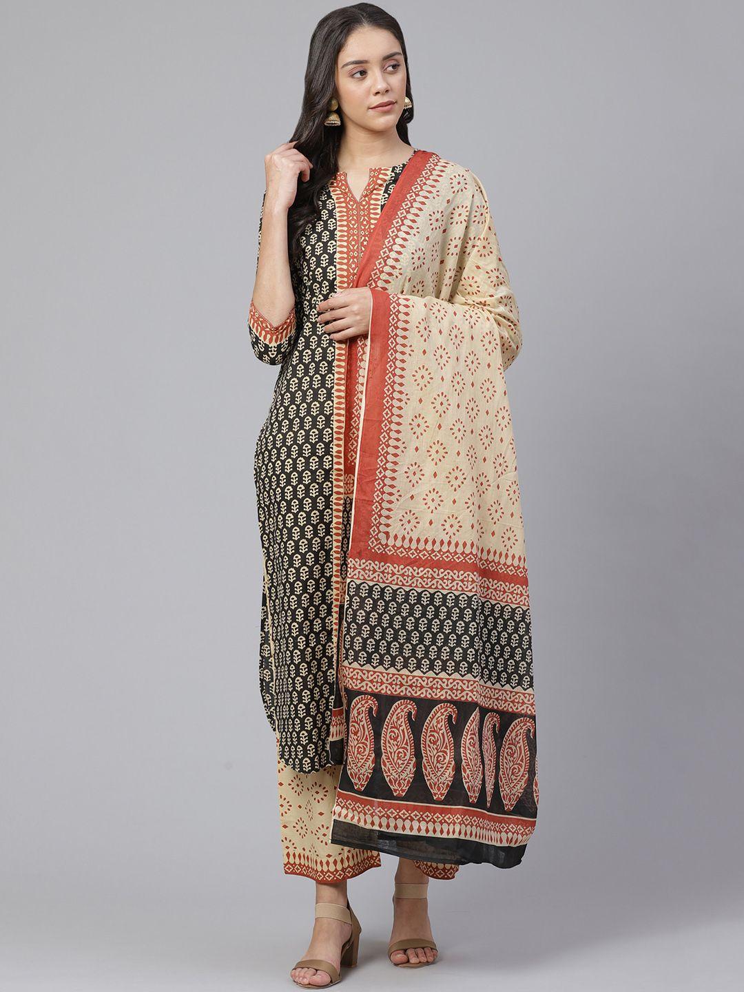 indo era women black & cream-coloured printed kurta with palazzos & dupatta