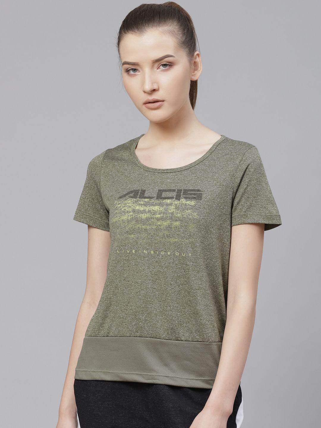 alcis women olive green printed round neck t-shirt