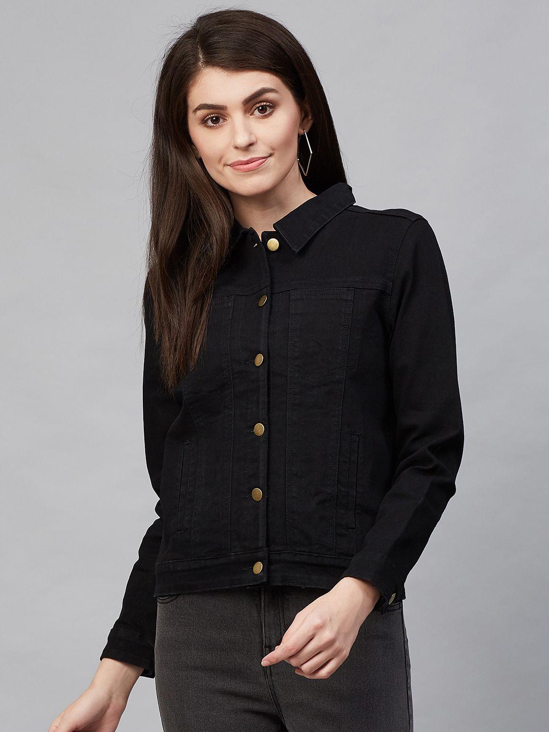 hubberholme women black solid denim jacket