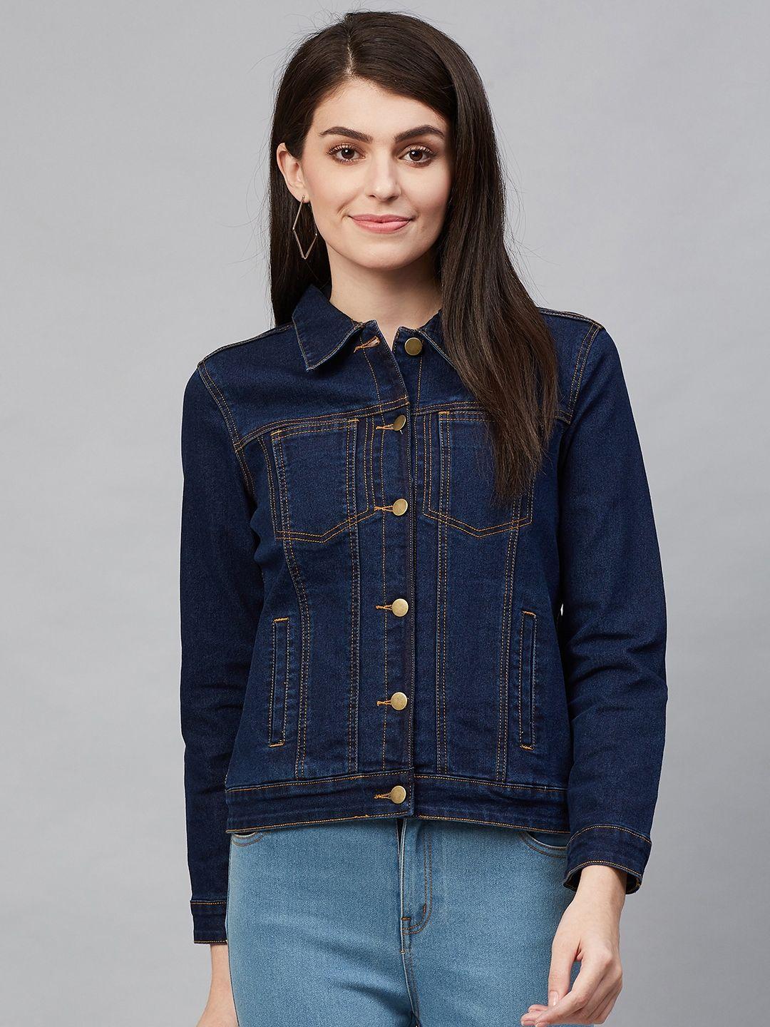 hubberholme women navy blue solid denim jacket