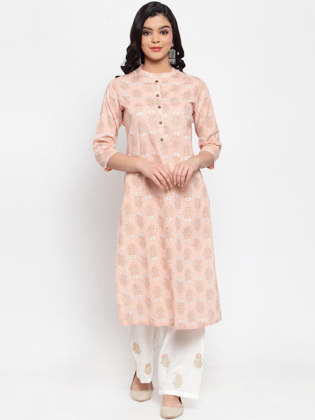 anaisa women peach & white floral printed kurta with palazzos