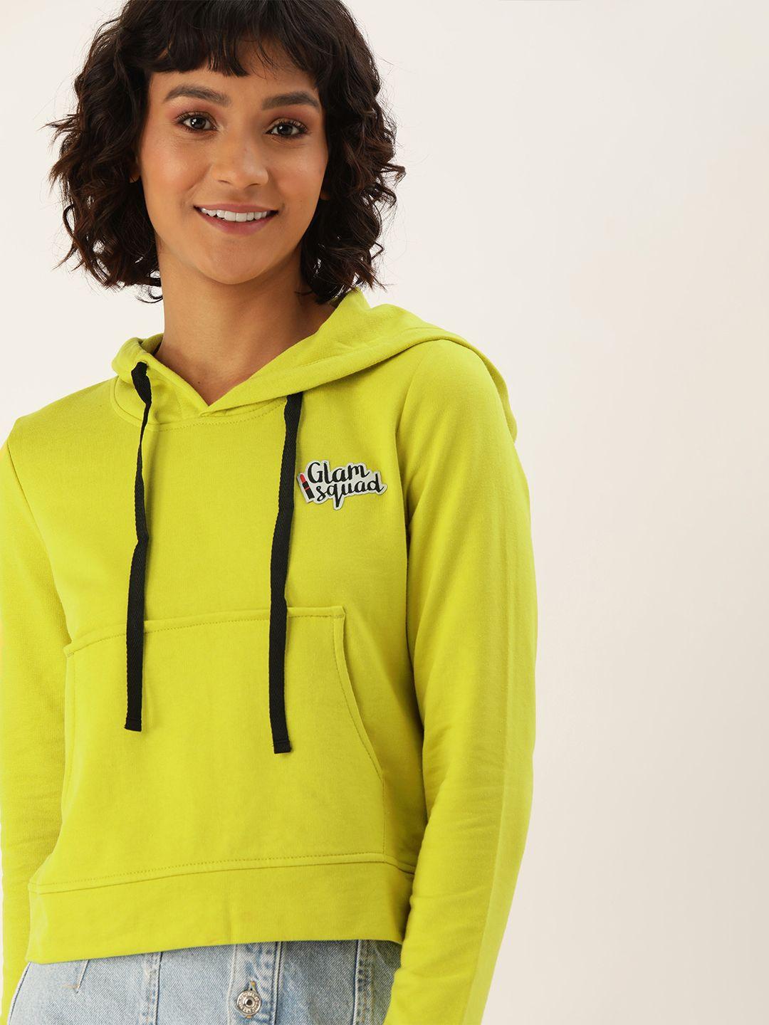 dressberry women lime green solid hooded sweatshirt