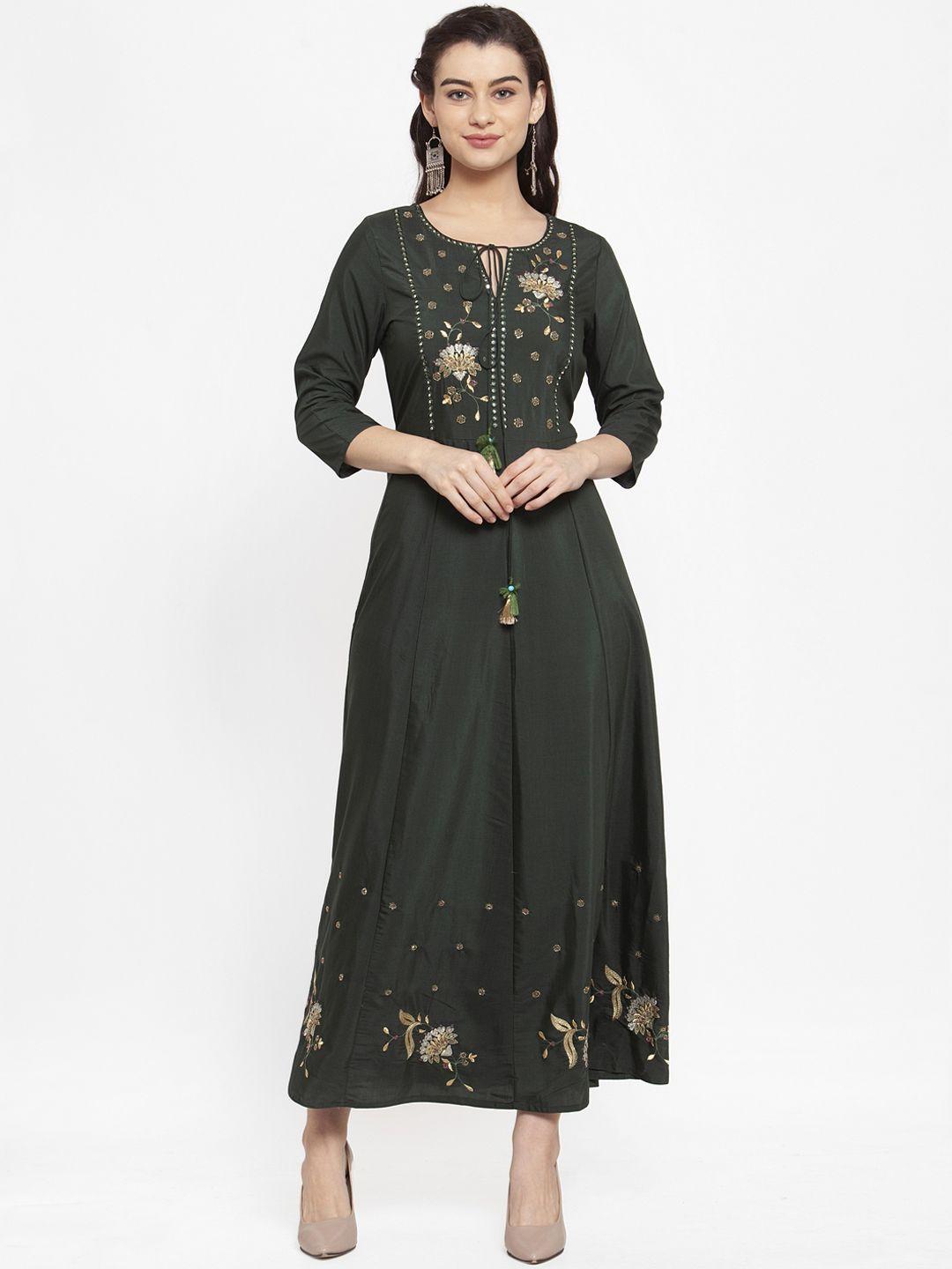 anaisa women olive green embroidered maxi dress