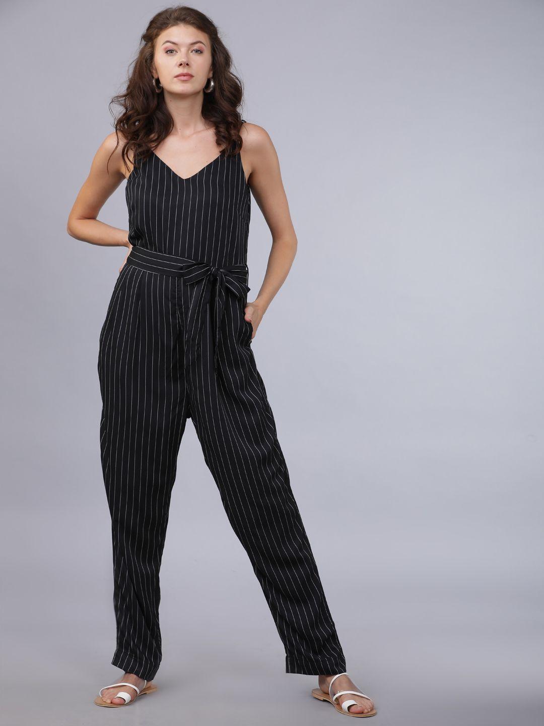 tokyo talkies women black & white striped basic jumpsuit