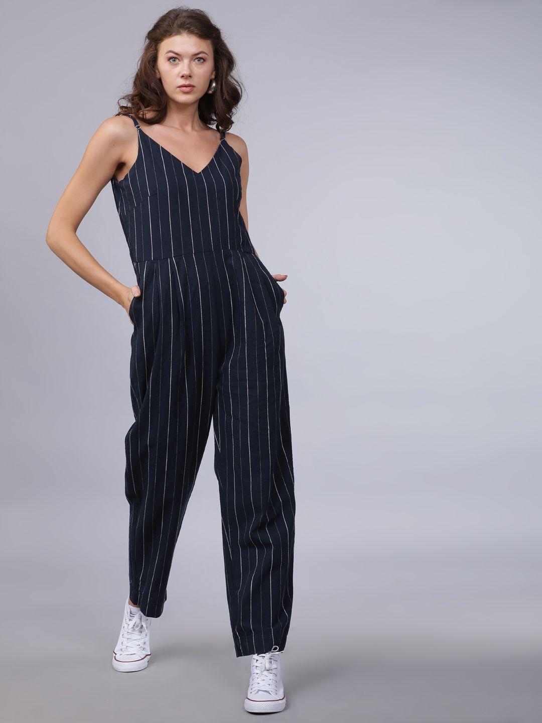 tokyo talkies women navy blue & white striped basic jumpsuit