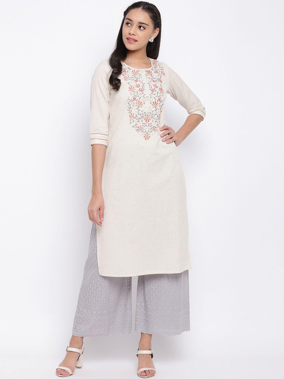 vbuyz women off-white embroidered straight kurta