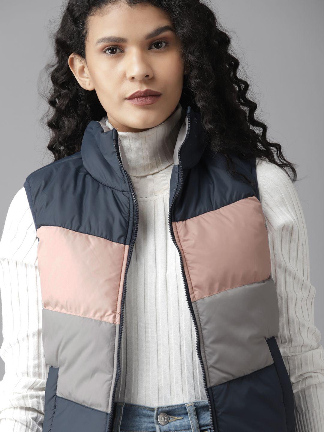 roadster women navy blue colourblocked padded jacket