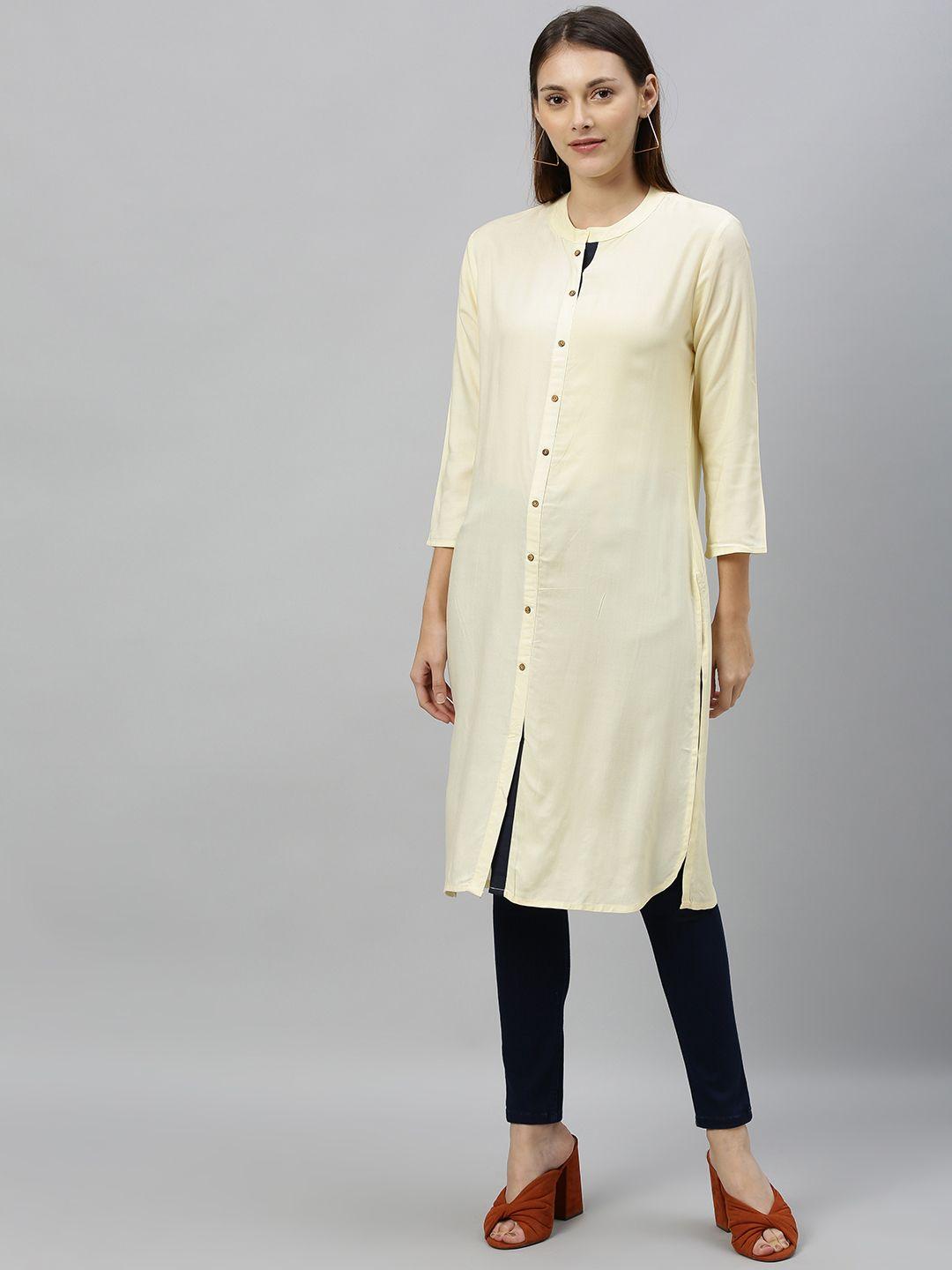 anouk women cream-coloured solid straight kurta