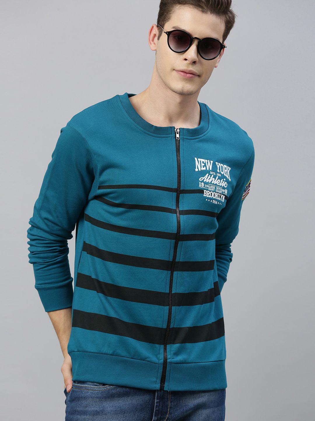 here&now men teal-green & black striped sweatshirt