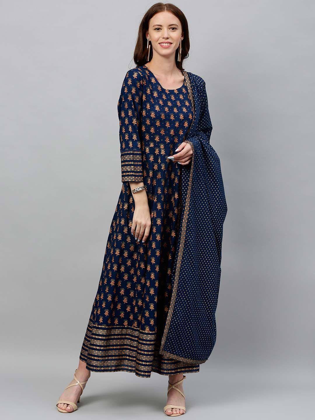 kipek women blue printed kurta with dupatta