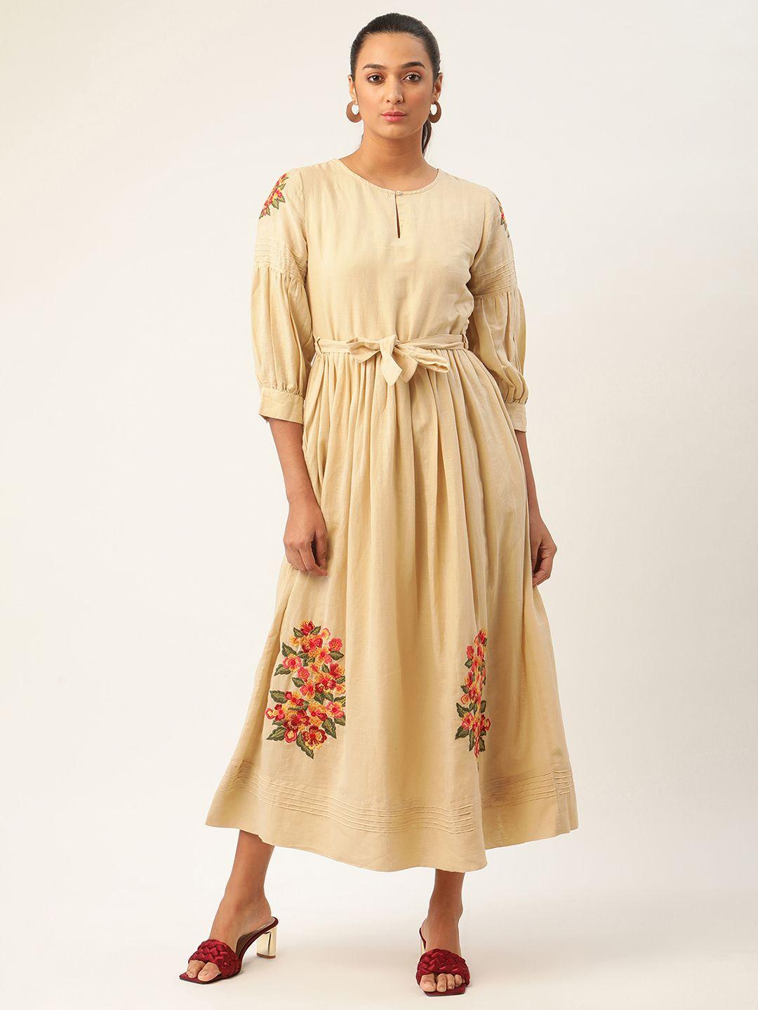 rooted women beige printed fit and flare dress