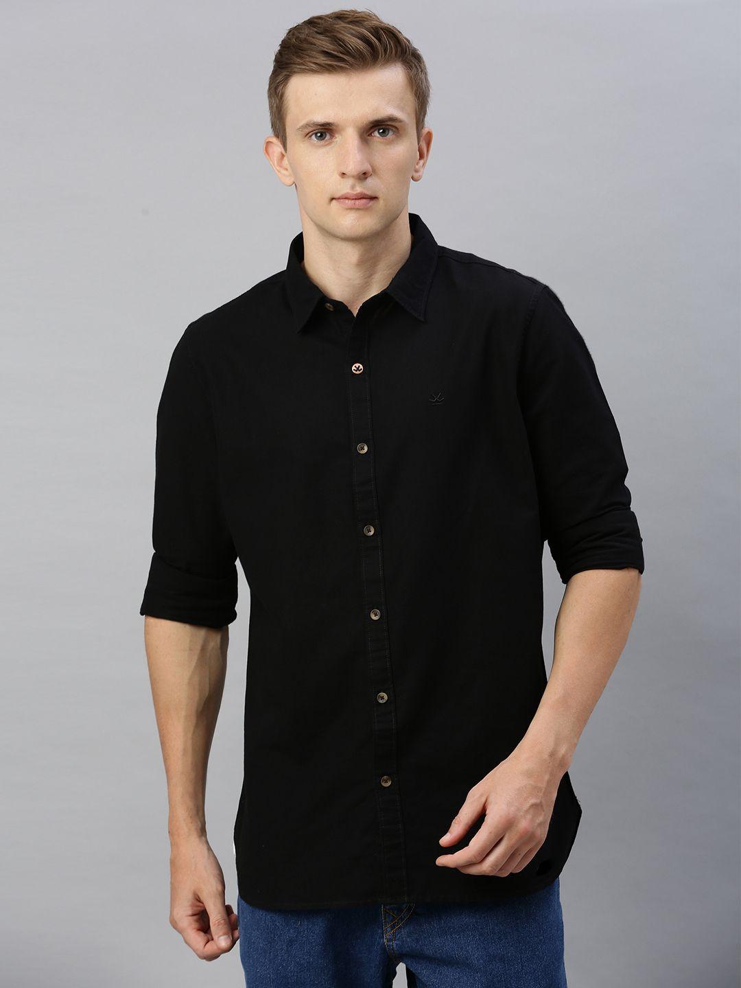 wrogn men black regular fit solid casual shirt