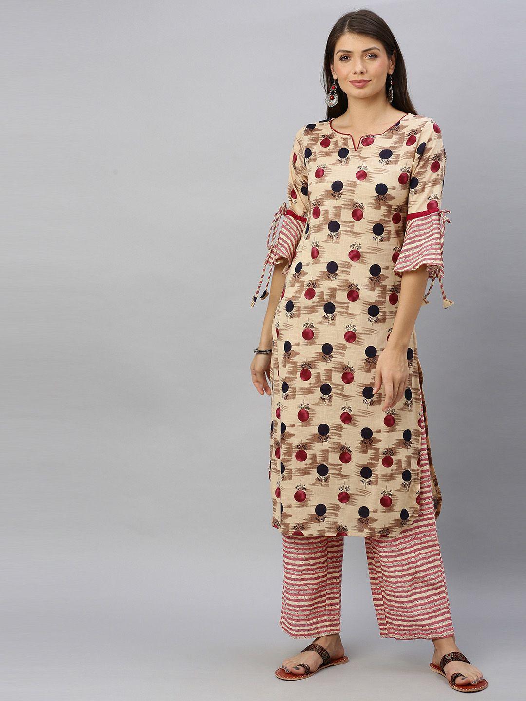 alena women beige & brown printed kurta with palazzos