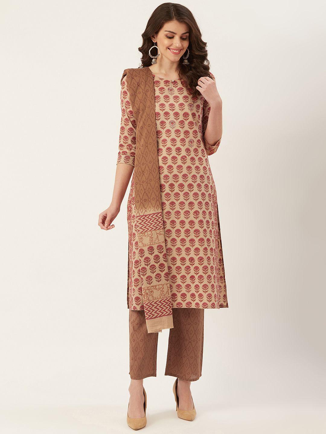 prakrti women beige & brown printed  sustainable kurta with palazzos & dupatta