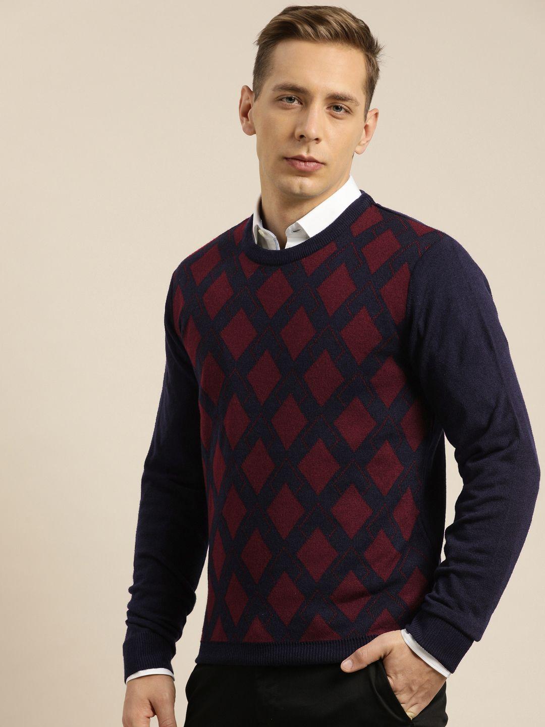 invictus men navy blue checked pullover sweater