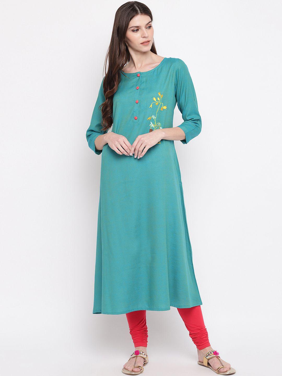 vbuyz women sea green solid straight kurta