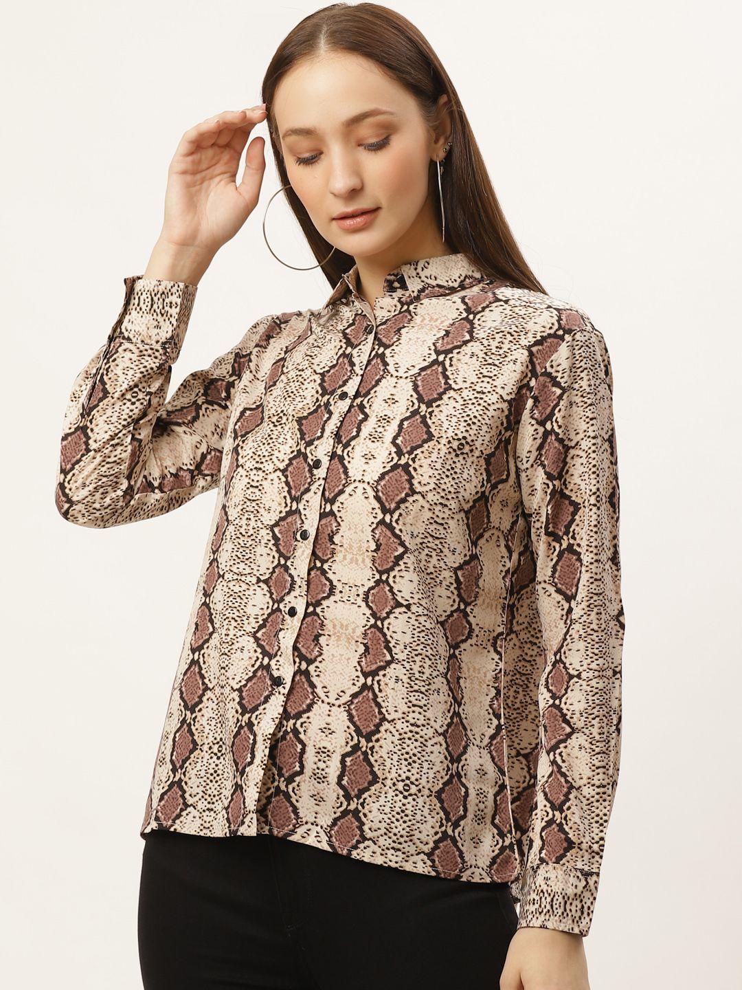 style quotient women beige & brown contemporary boxy fit snake skin print casual shirt