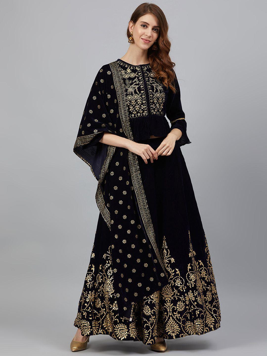 juniper navy blue & golden zari embroidered ready to wear lehenga & blouse with dupatta