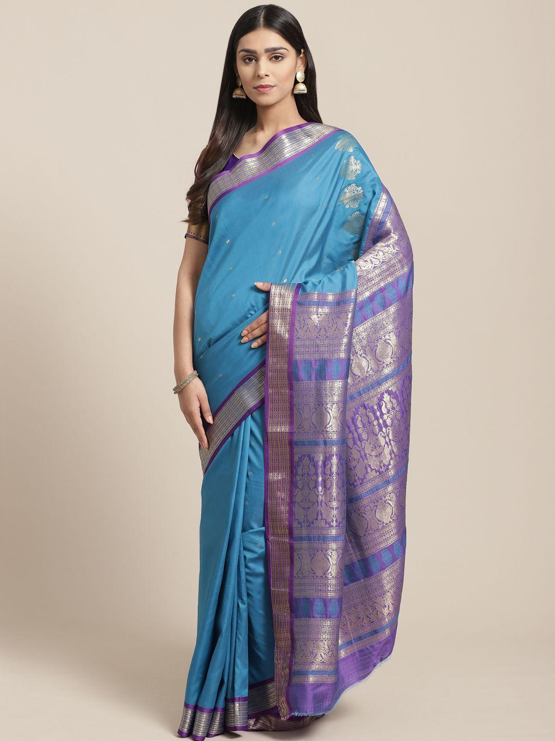 chhabra 555 blue & golden zari weaving woven design kanjeevaram saree